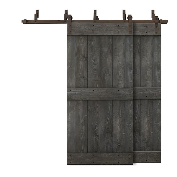 CALHOME 48 in. x 84 in. Mid-Bar Bypass Carbon Gray Stained DIY Solid Wood Interior Double Sliding Barn Door with Hardware Kit