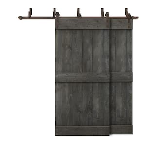 84 in. x 84 in. Mid-Bar Bypass Carbon Gray Stained DIY Solid Wood Interior Double Sliding Barn Door with Hardware Kit