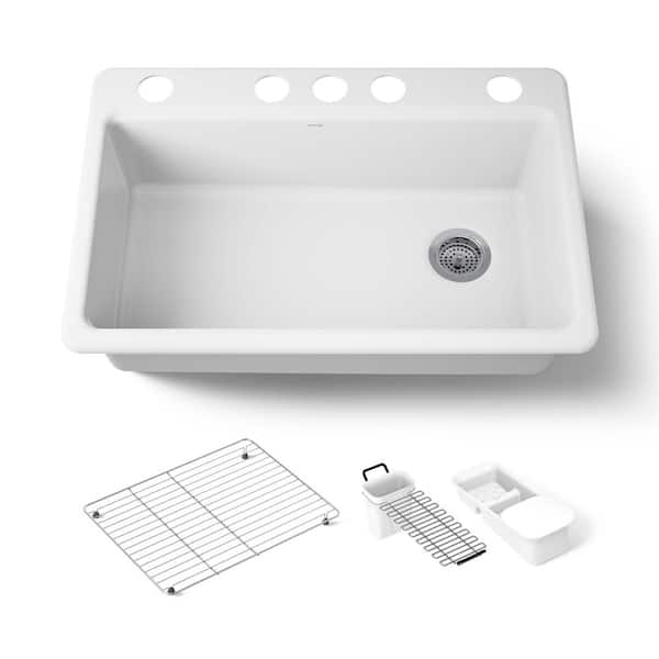 Riverby Undermount Cast Iron 33 in. 5-Hole Single Bowl Kitchen Sink with Accessories in White