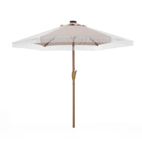 OVASTLKUY 7 ft. Outdoor Patio Led Lighted Umbrella in Khaki with Push Button Tilt and Tassle Design