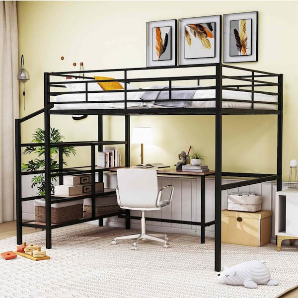 Black Full Size Loft Bed with Desk and Lateral Storage Ladder