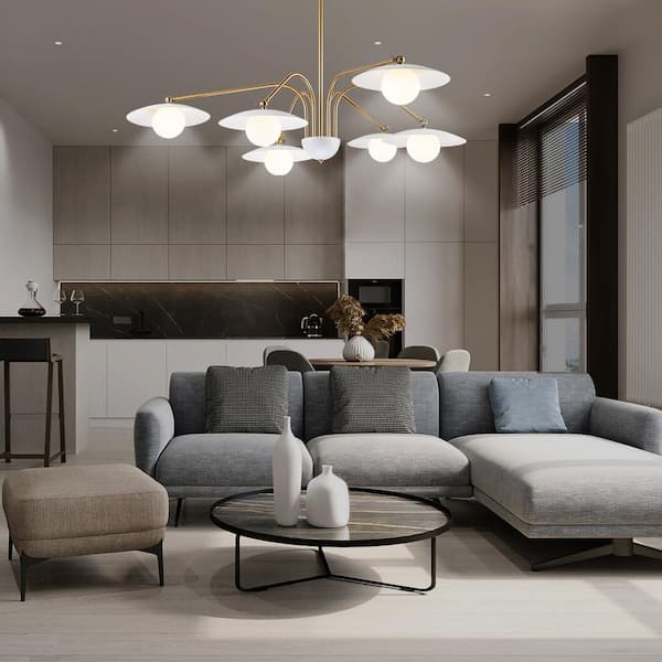 GoYeel 6-Light Modern/Contemporary White and Gold Multi-Branch Chandelier with White Shades