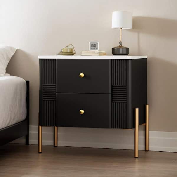 Black Wood Outdoor Side Table Modern Nightstand with 2 Storage Drawer, Bedside Table End Table for Living Room Bedroom