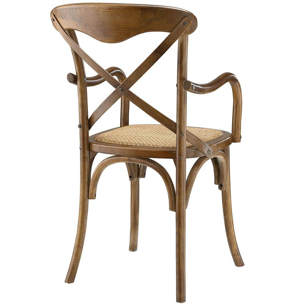 Farmhouse Walnut Wood Upholstered Arm Chair with Cross Back