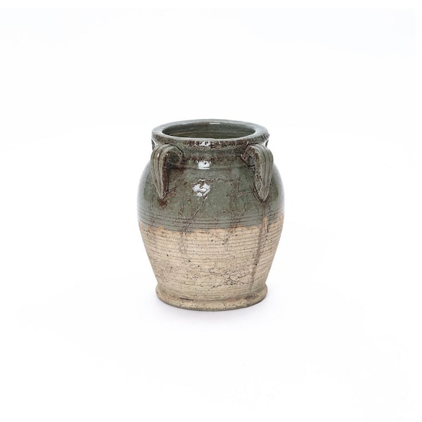 9.45 in H Rustic Green & Brown Terracotta Jar Vase with Four Handles, Round  Accent for Farmhouse & Vintage Decor