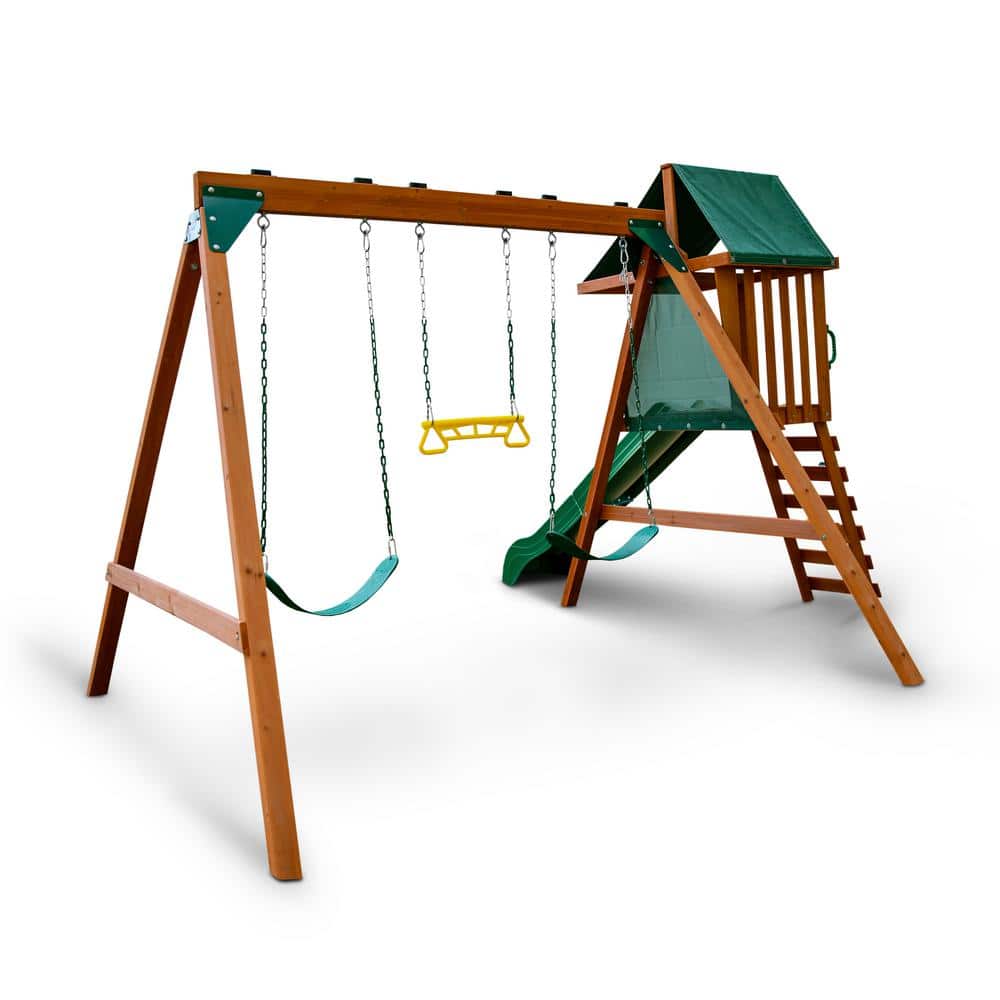 Ranger Plus Cedar Wooden Swing Set with Slide and Climbing Wall