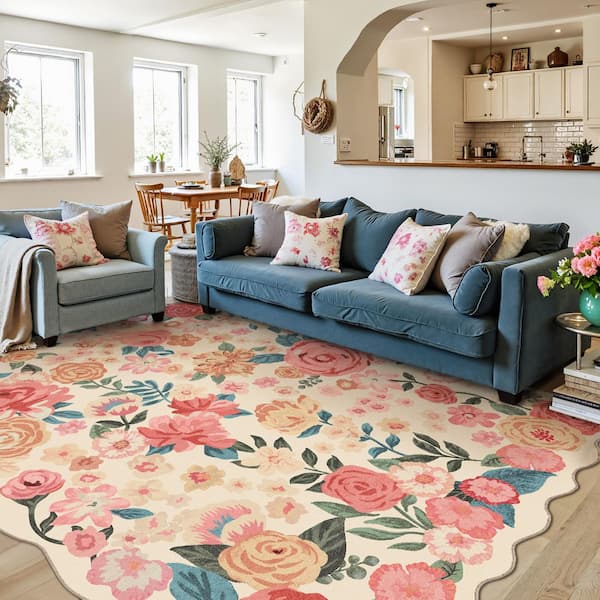 Bella Beige/Pink 6 ft. x 9 ft. Floral Washable Area Rug