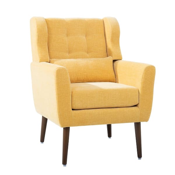 Zeus & Ruta 1 Piece Yellow Wood Outdoor Modern Accent Lounge Chair with Chenille Fabric Lounge for Living Room Bedroom
