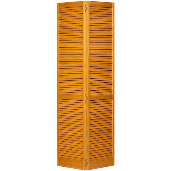 Kimberly Bay 36 in. x 80 in. Traditional Louver Golden Oak Solid Core Wood Bi-Fold Door
