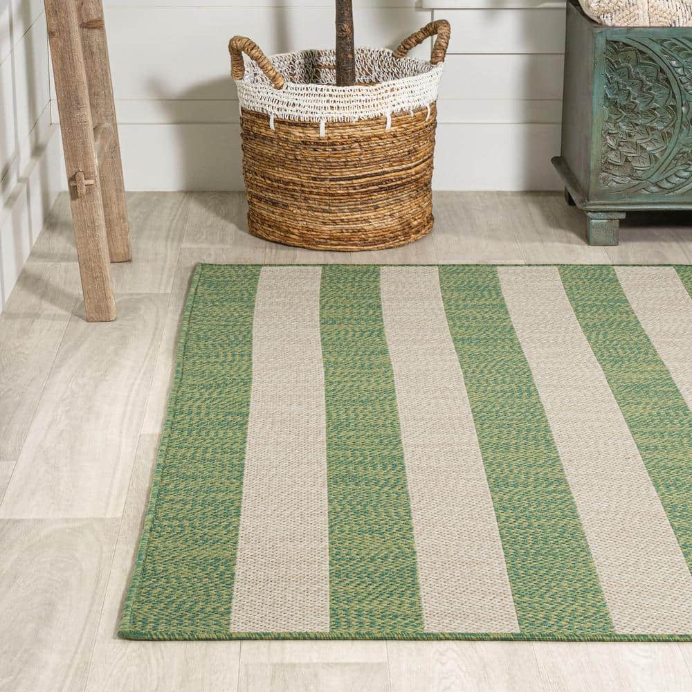 Ivory and Green Wide Stripe 5x8 Synthetic Area Rug