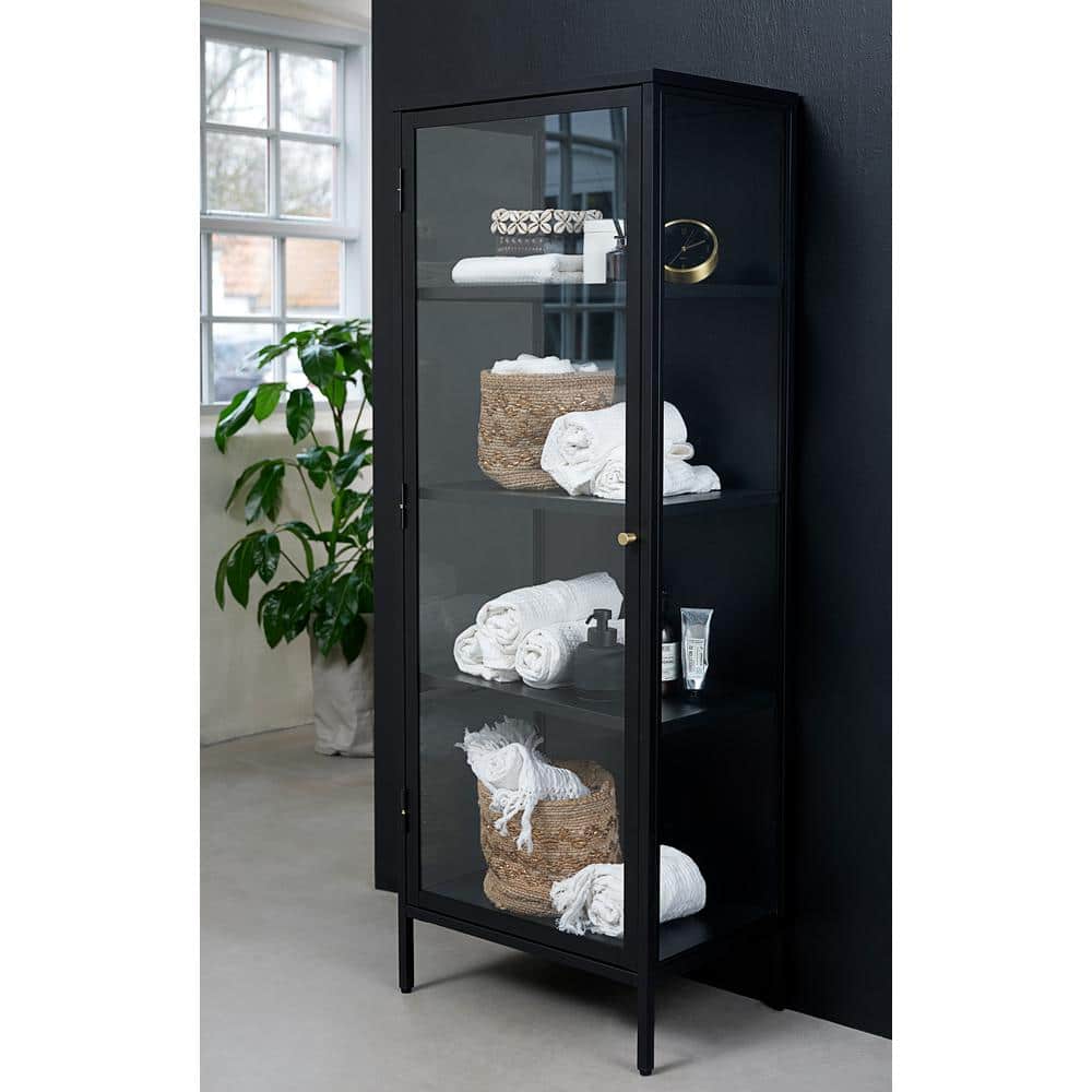63-Inch Black Metal and Glass Display Cabinet with Brass Knobs