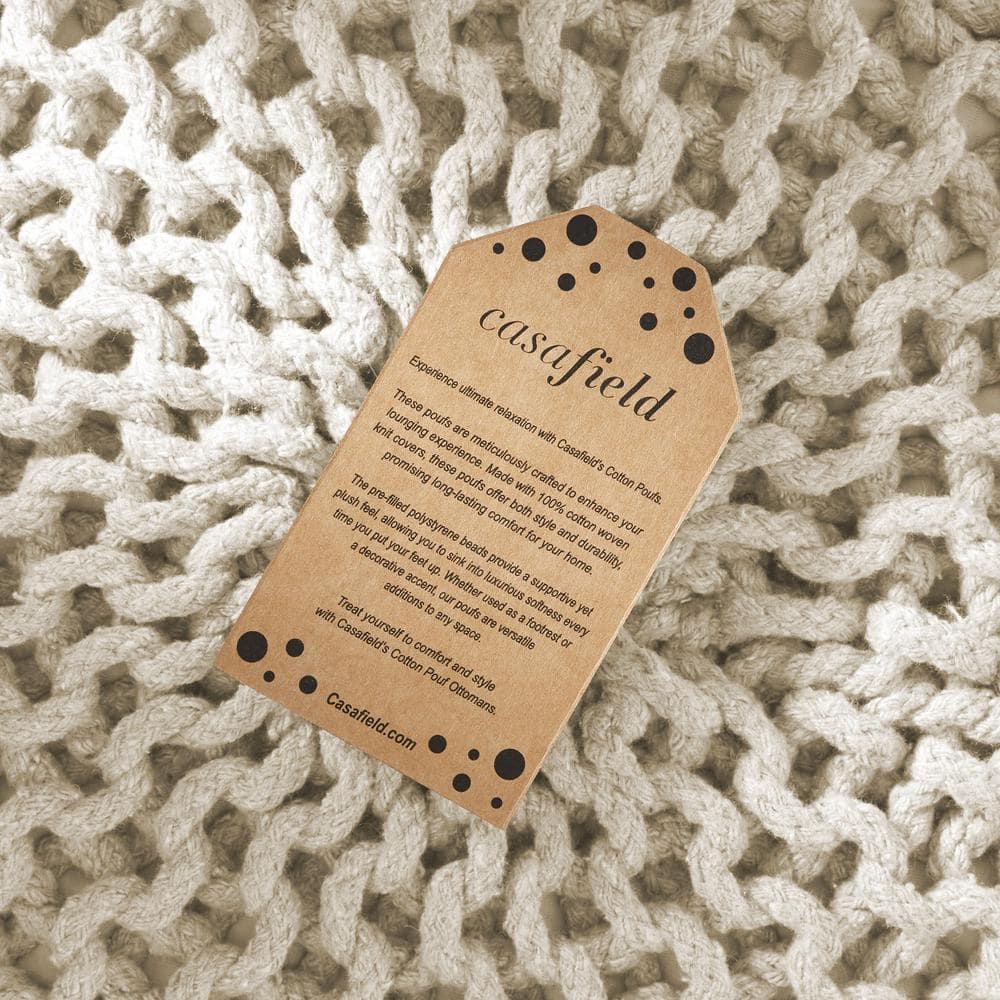 Natural Cotton Knit Round Pouf Ottoman, 20" x 14.5"