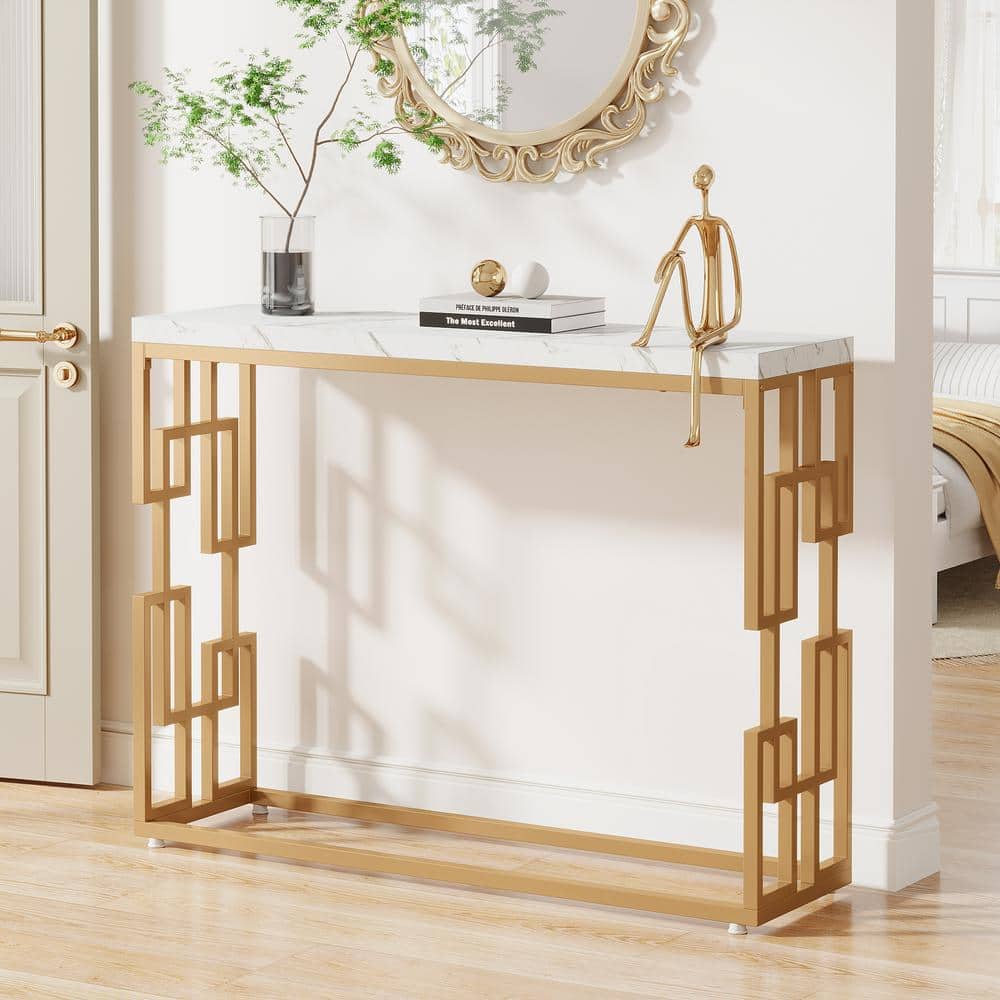 Modern Gold Console Table with White Faux Marble Top