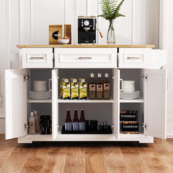 Rustic Coastal White Wood 54 in. Rubber Wood Drop Leaf Rolling Kitchen Island with 4-Door and 3-Drawer