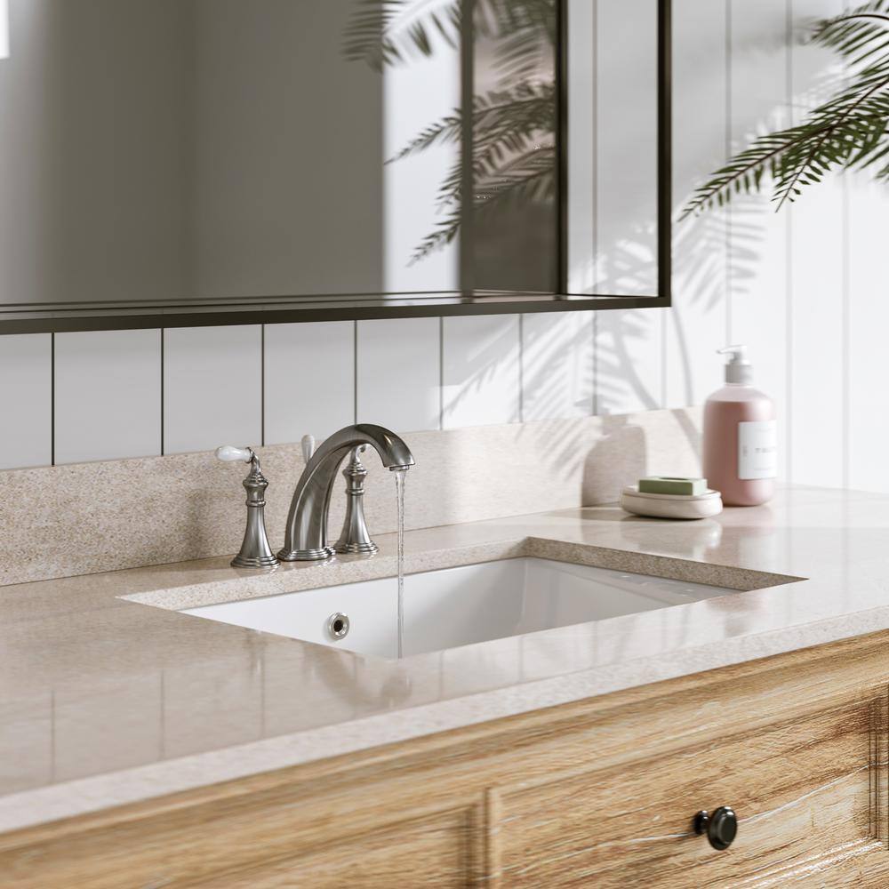 White Rectangular Ceramic Undermount Bathroom Sink with Overflow Hole