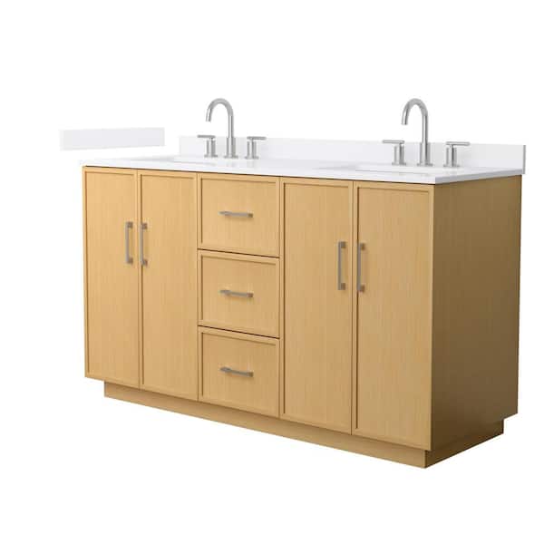 Elan TK 60 in. Double Freestanding Light Oak Bath Vanity with White Quartz Top (Assembled)