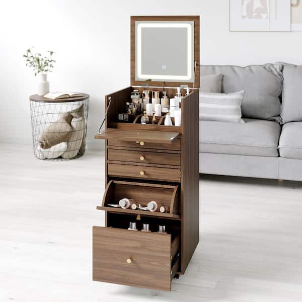 Walnut Brown Makeup Vanity Desk Wood Dressing Table With Flip-Top LED Mirror, Drawers, Wheels, 9-Grid Organizer Design