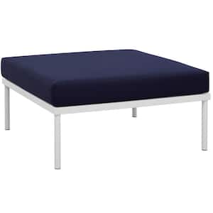 Harmony Outdoor Patio Aluminum Ottoman in White with Navy Cushions