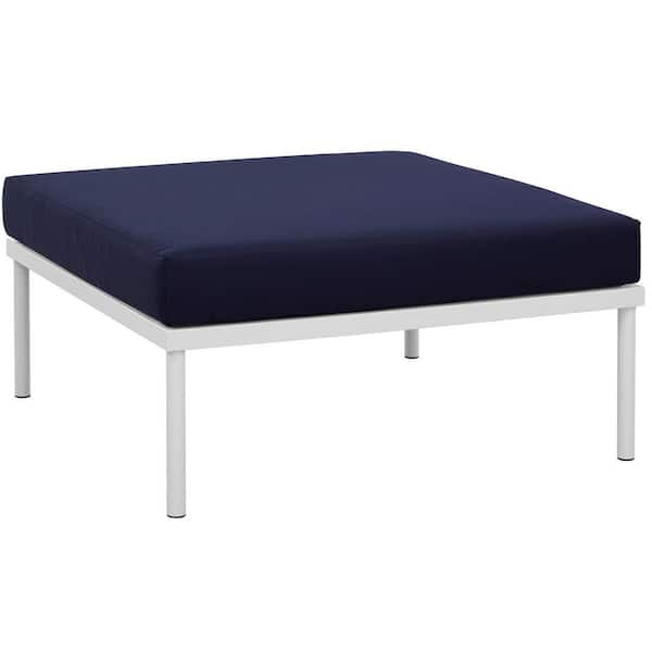 MODWAY Harmony Outdoor Patio Aluminum Ottoman in White with Navy Cushions