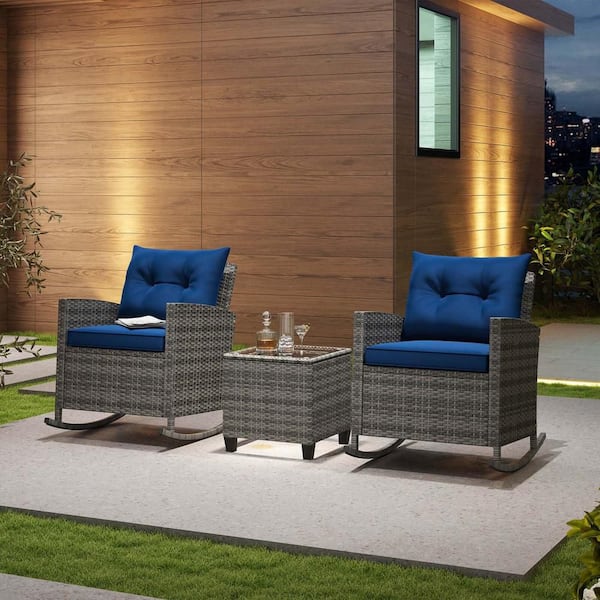 3-Piece Wicker Patio Conversation Set with Tempered Glass Table and Rocking Soft Cushions Navy Cushions