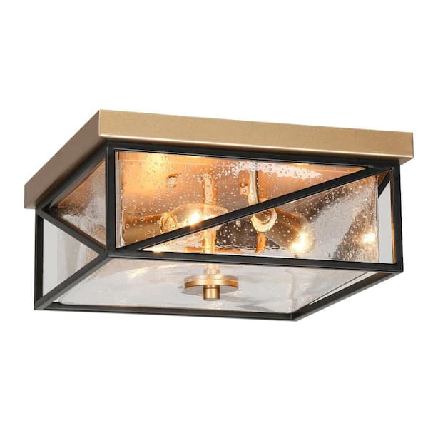 3-Light Dark Gold Flush Mount Light with Square Seeded Glass Panels, 12 in. Modern Flat Black Ceiling Light for Entryway