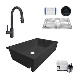 Grace 34 in Quick-Fit Farmhouse Apron Front Undermount Single Bowl Matte Black Fireclay Kitchen Sink with Black Faucet