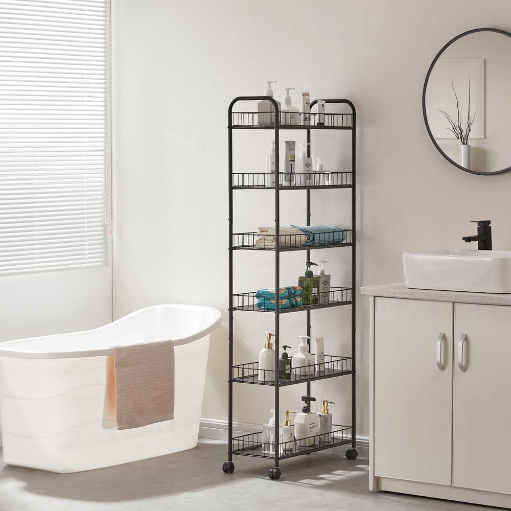 Black Metal 6-Tier Slim Rolling Storage Cart with Lockable Wheels