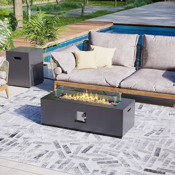 UPHA 42 in. Rectangular Iron Outdoor Dark Gray Fire Pit Table with Propane Tank Holder and Glass Wind Guard