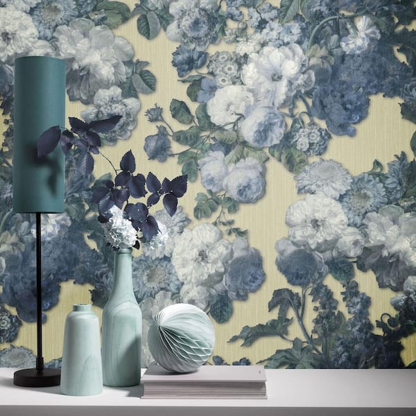 ELLE Decoration Collection Teal/Light Gold Floral Baroque Vinyl on Non-Woven Non-Pasted Wallpaper Roll (Covers 57 sq.ft)