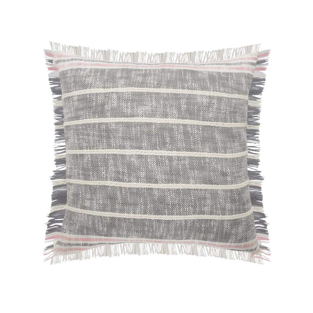 Angelica Steel Gray / White Striped Fringed Casual Soft Poly-Fill 20 in. x 
