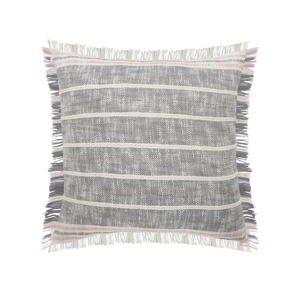 Unbranded Angelica Steel Gray / White Striped Fringed Casual Soft Poly-Fill 20 in. x 20 in. Indoor Throw Pillow