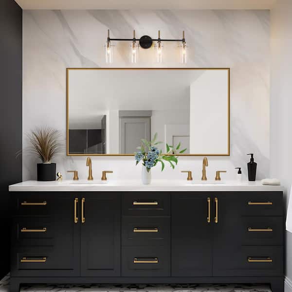 Modern 4-Light Brass Gold Wall Sconce, Black Vanity Light with Cylinder Clear Glass Shades, DIY Bathroom Wall Lights