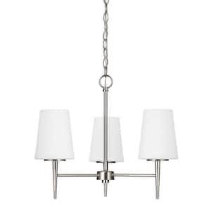 Driscoll 3-Light Brushed Nickel Mid-Century Modern Hanging Chandelier with Inside White Painted Etched Glass