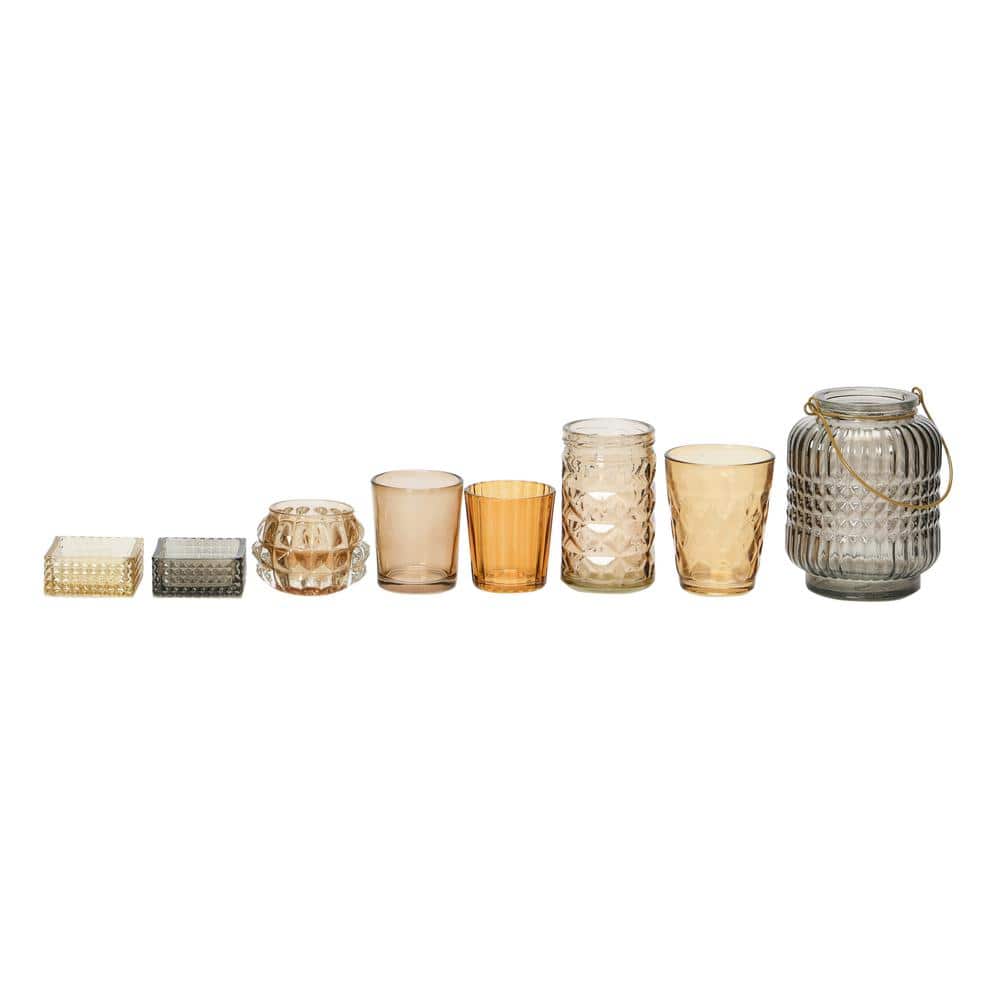 Paulownia Wood Tray with Multicolor Embossed Glass Votive Holders, Set of 8