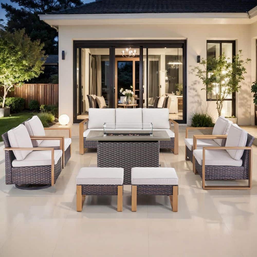 CubeEdge 8-Piece Brown Wicker Fire Pit Conversation Set with Olefin Beige Cushions and Couch/ Patio Swivel Chairs price history on PriceWatchPro