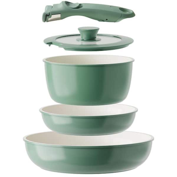 5-Piece Green Ceramic Nonstick Cookware Set with Removable Handle, Oven Safe, Induction Compatible, Dishwasher Safe