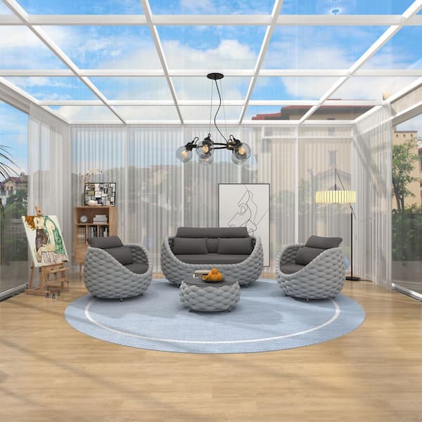 Bird's Nest 4-Piece Gray Aluminum Polyester Woven Outdoor Sectional Seating Set with Gray Cushions