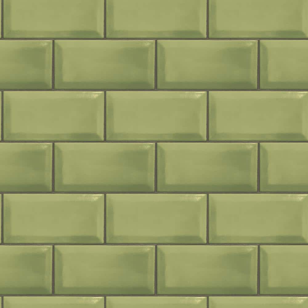 Metro Tile Green Matte Finish Vinyl on Non-Woven Non-Pasted Wallpaper Roll