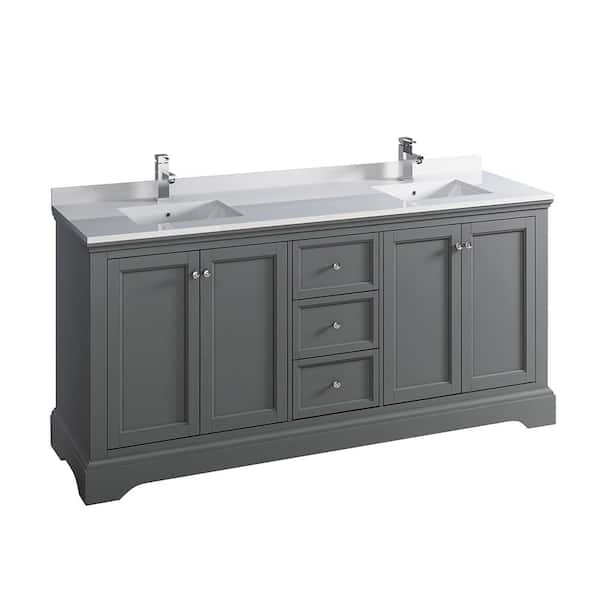 Fresca Windsor 72 in. W Traditional Double Bath Vanity in Gray Textured with Quartz Stone Vanity Top in White with White Basins
