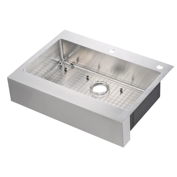 Glacier Bay Retrofit Drop-In/Undermount Stainless Steel 33 in. 2-Hole Single Bowl Flat Farmhouse Apron Front Kitchen Sink