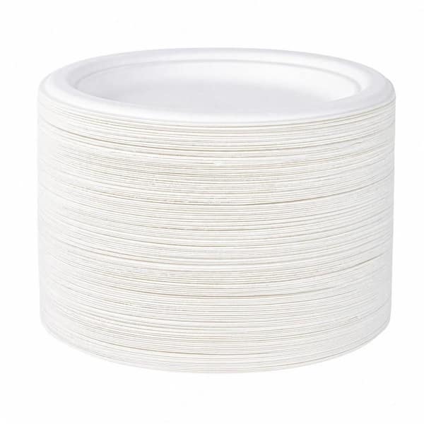 150-Pack 10 in. Heavy Duty Paper Plates, White Disposable Sugarcane Bagasse Tableware Plates for Thanksgiving Party