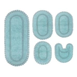 Hampton Crochet Reversible 100% Cotton Bath Rug, 5-Pcs Set with Contour, Aqua