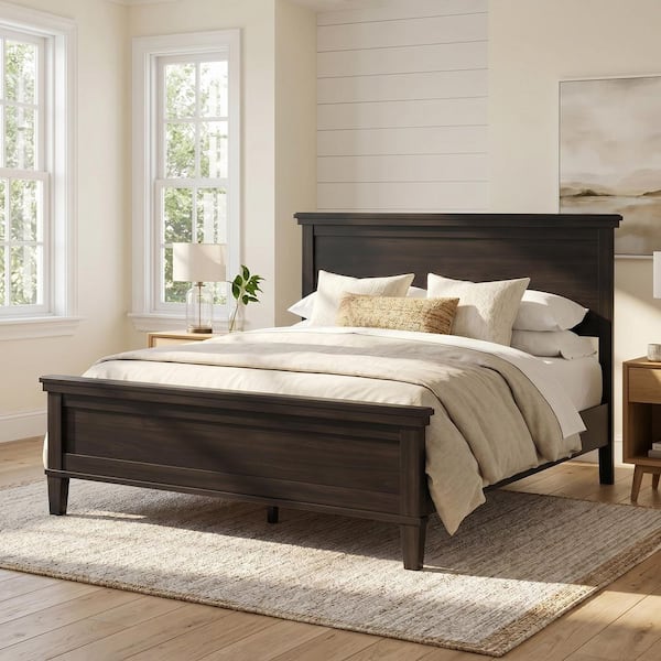 Mid-Century Modern Charcoal Black Wood Frame Full Size Platform Bed with Headboard and Slat Support