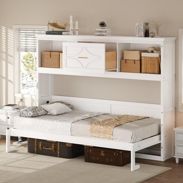 White Wood Frame Twin Size Murphy Bed Wall Bed with Charging Station, Shelves, Drawer