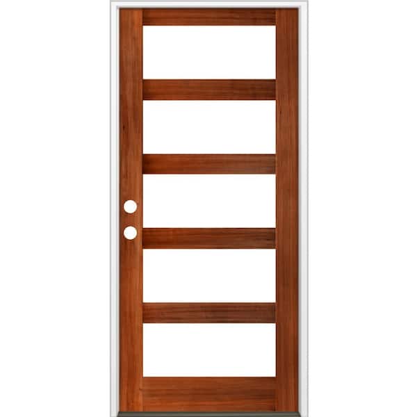 Krosswood Doors 42 in. x 96 in. Modern Hemlock Right-Hand/Inswing 5-Lite Clear Glass Red Chestnut Stain Wood Prehung Front Door