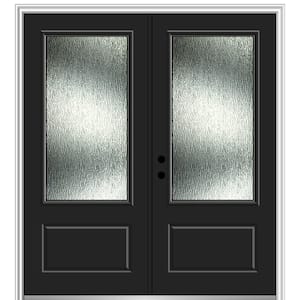 Rain Glass 72 in. x 80 in. Right-Hand Inswing Black Fiberglass Prehung Front Door on 4-9/16 in. Frame