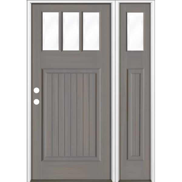 Krosswood Doors 50 in. x 80 in. Craftsman 3-Lite Clear Glass VG Grey Stain Right Hand Hemlock Wood Prehung Front Door w/RSL