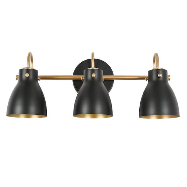 22.4 in. 3-Light Black and Gold Vanity Light with Metal Shades