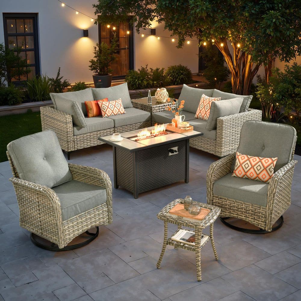 Melly Gray 9-Piece Wicker 54 in. Rectangle Fire Pit Patio Conversation Set with Dark Gray Cushions and Swivel Chairs price history on PriceWatchPro