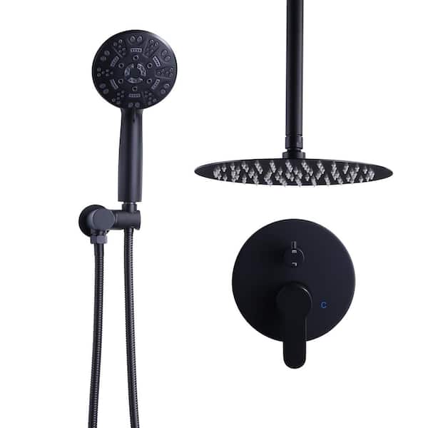 9-Spray Wall Mount 10 in. Dual Fixed and Handheld Shower Head 1.8 GPM with Pressure Balance Valve in Matte Black